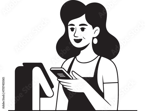 Illustration of a woman using a smartphone at a counter with a device