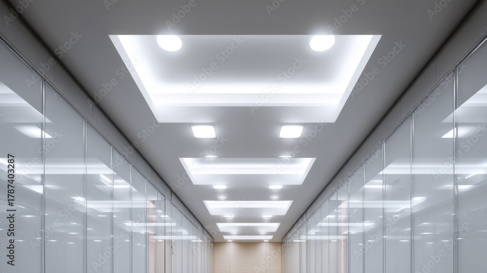 Obraz premium A perspective view of a long, brightly lit corridor with recessed square ceiling lights and glass-walled compartments