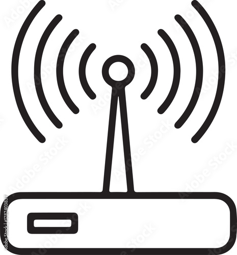 Simple line art icon of a wireless router broadcasting signal