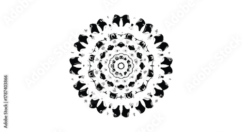 Intricate black and white mandala pattern with symmetrical floral design on a clean white background