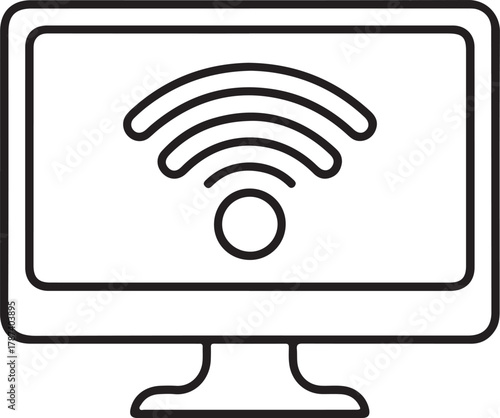 Computer monitor displaying wireless internet signal icon line art