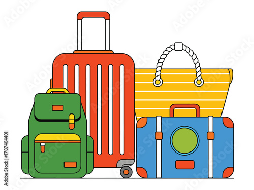 Colorful luggage set, including a suitcase, backpack, beach bag, and trolley, perfect for travel and vacation planning