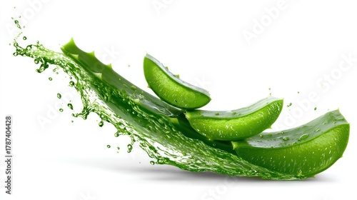 A sliced, vibrant aloe vera plant with green juice splashing outward against a white background, showcasing freshness and natural elements