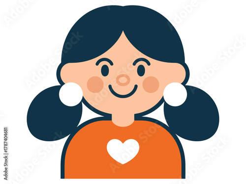 A cute little girl with pigtails and a heart on her shirt, radiating joy and innocence in a simple vector illustration
