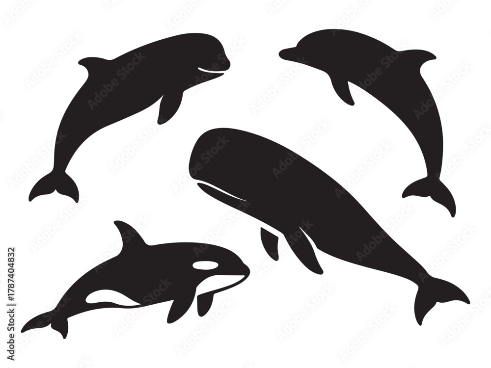 Fototapeta premium Silhouettes of various whale species leaping and swimming showcasing their marine grace vector illustration