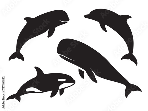 Silhouettes of various whale species leaping and swimming showcasing their marine grace vector illustration
