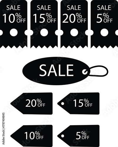 Black sale and discount tags silhouette vector illustration price labels and special offer symbols for retail and e-commerce design