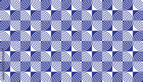 Seamless blue and white geometric pattern with concentric circles forming a hypnotic optical illusion. The repetitive circular design creates a sense of rhythm and balance