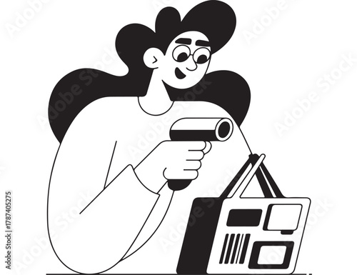 Stylized illustration of a smiling woman scanning products with a barcode reader into a shopping bag, representing efficient retail checkout, modern consumer purchasing, and digital commerce