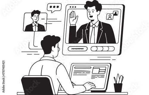 Professional engages in a productive online video conference from home office, facilitating seamless virtual communication and remote collaboration during a business meeting