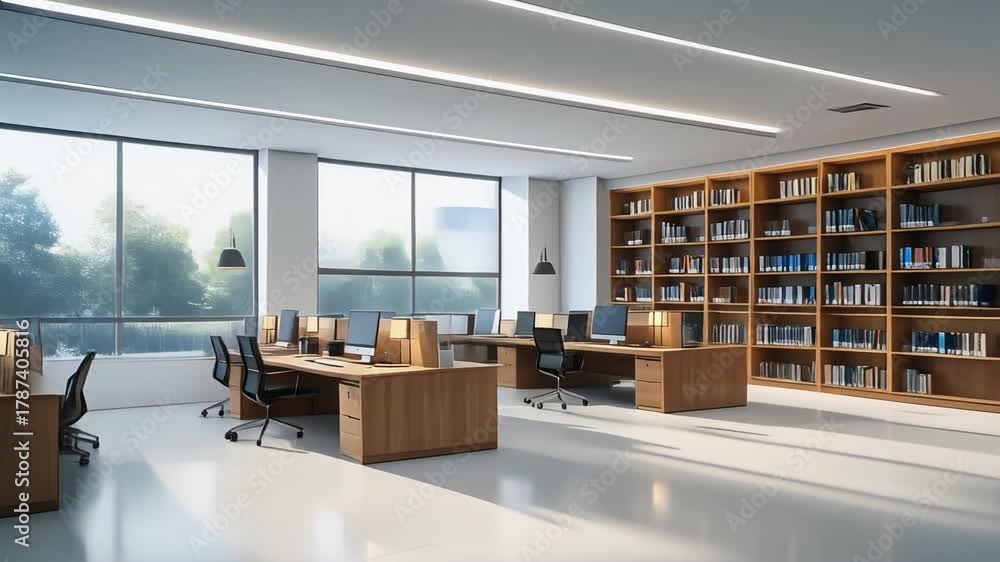 Modern Office Library Interior with Desks and Bookshelves, Bright ...