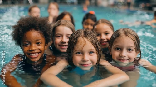 Diverse group of young children having fun during swimming lessons in a bright pool setting