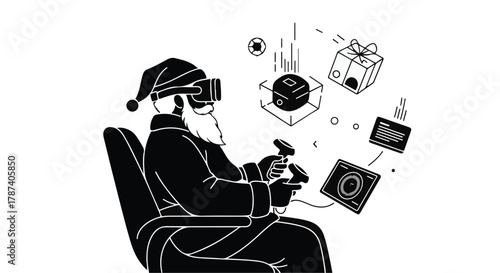 Santa Claus experiencing virtual reality with futuristic technology and gifts