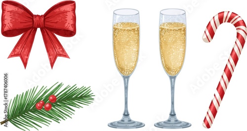 Festive holiday illustration featuring a red bow, two champagne flutes, a candy cane, and a sprig of evergreen, perfect for seasonal designs.