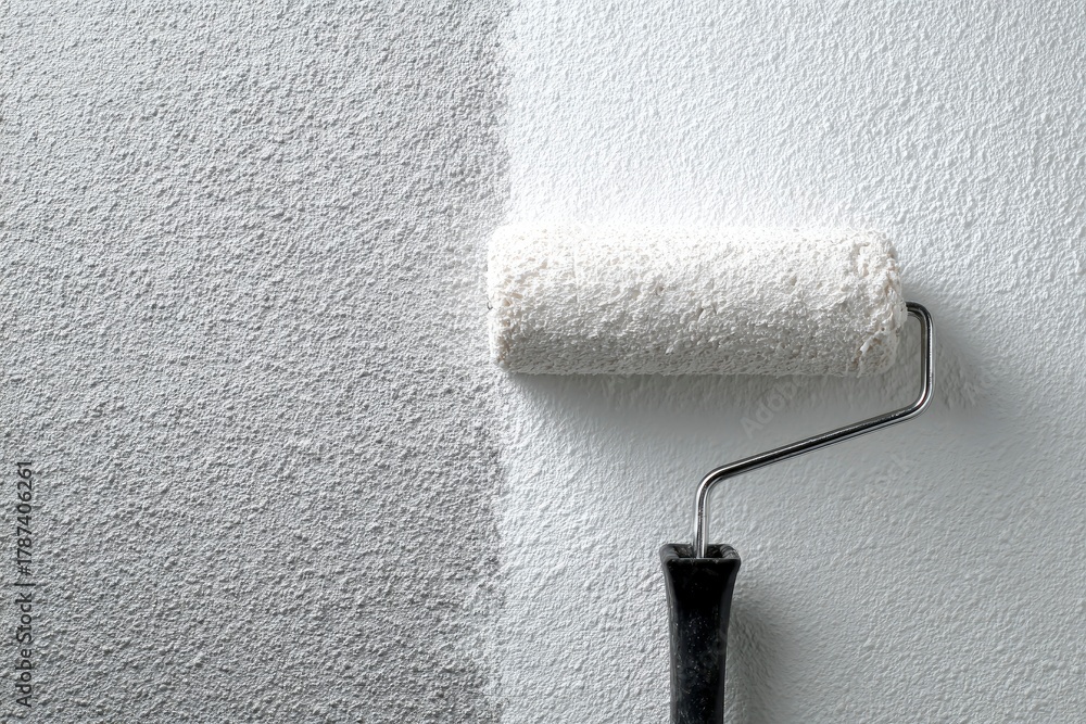 Fototapeta premium A clean paint roller applies a fresh coat of bright white paint to a textured wall, creating a distinct visual line between the newly covered surface and the original, unpainted section. This dynamic 