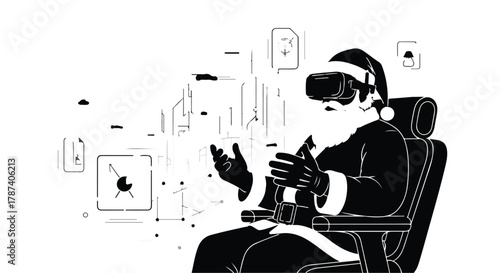 Santa Claus experiencing virtual reality, immersed in a futuristic digital world