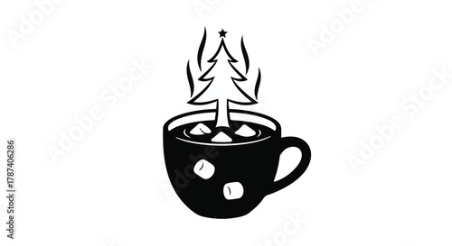 Cozy Christmas tree steaming from a hot drink mug with marshmallows