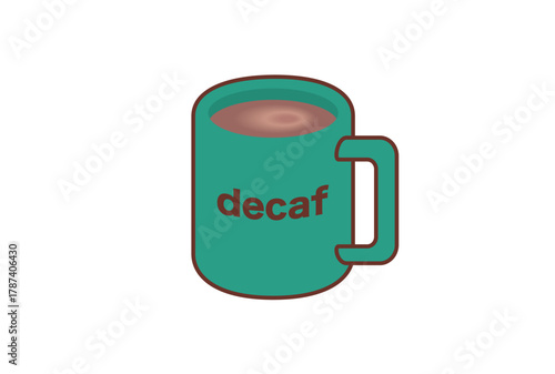 ディカフェのコーヒーの入ったマグカップ（英語表記）