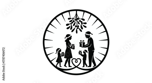 Family exchanging gifts under mistletoe, celebrating holiday spirit with joy and love.