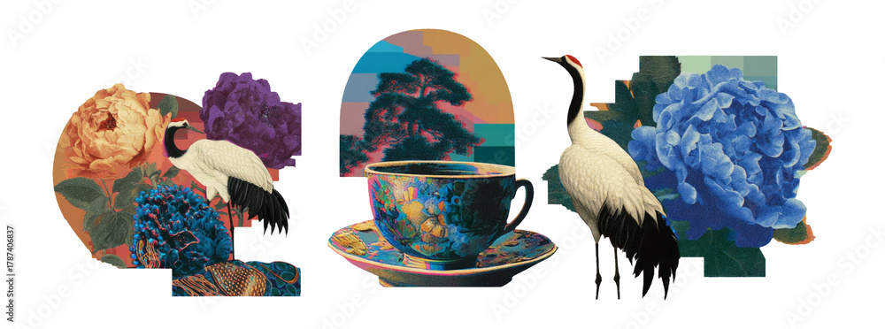 Naklejka premium Retro Cutout Collage of Flowers, Crane, and Teacup on Transparent Background