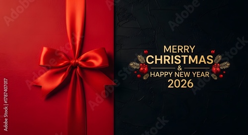 Elegant merry christmas and happy new year 2026 greeting with a luxurious red ribbon and bow on a split background