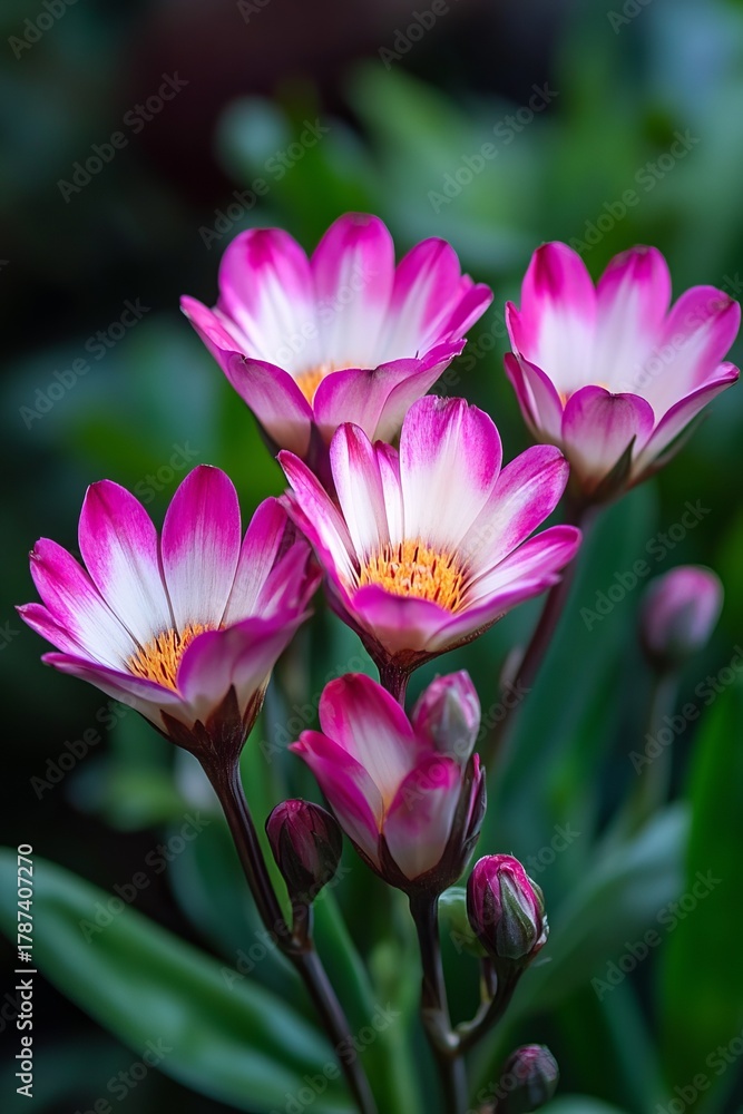 Fototapeta premium Close-up of four vibrant pink and white flowers