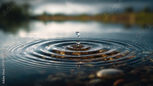 Wallpaper Mural A single droplet, captured mid-air, impacts still water, creating concentric ripples that spread outwards with a shallow, rocky bed visible Torontodigital.ca