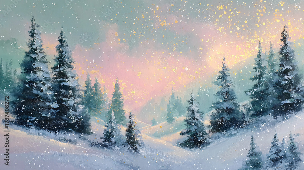Fototapeta premium Soft pastel winter wonderland with snow-covered hills, mint green pine trees, and golden light reflections creating a gentle festive mood 