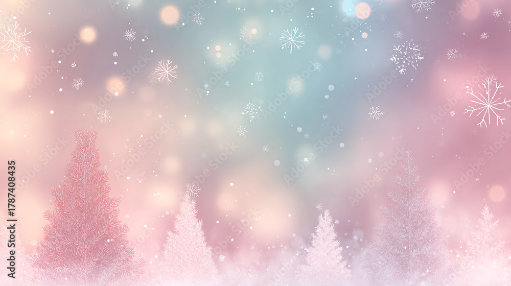 Naklejka premium Pastel Christmas background with soft pink and mint tones, minimal tree silhouettes, snowflakes, and glowing bokeh lights 