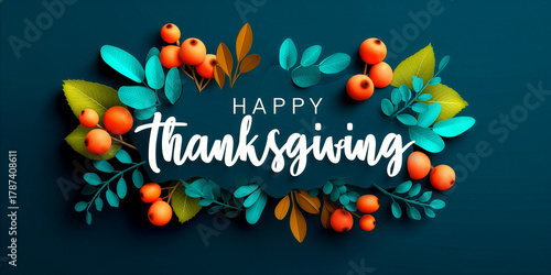 Thanksgiving Greeting Banner with Orange Berries and Teal Leaf Arrangement