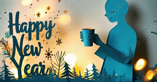 Papercraft illustration depicts cozy winter scene. Person enjoys warm drink amidst festive lights, trees. Happy New Year message visible.