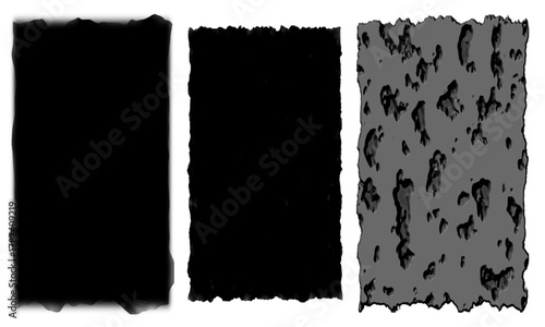 Dark grunge texture set. Rough black abstract backgrounds with peeling, cracked, and layered surfaces for modern graphic design and artistic effects.
