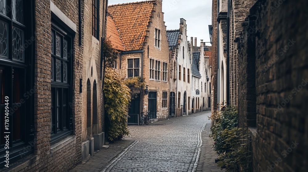 Fototapeta premium Narrow, cobblestone alleyway between historic European buildings