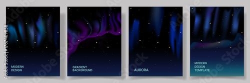 Set of Modern Aurora-inspired Posters with blue and purple gradient with glowing light waves and night sky effect. Northern lights. Aurora Borealis. Atmospheric phenomenon. Glow. North Pole, Banner,Bg
