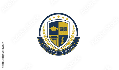 University name badge with academic and music design elements on white background