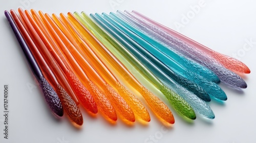 Colorful, slender glass rods, arranged in a rainbow spectrum.  Each rod features a textured, bulbous tip