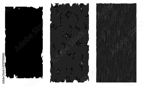 Dark grunge texture set. Rough black abstract backgrounds with peeling layers and vertical scratched surface for modern design and graphic effects.