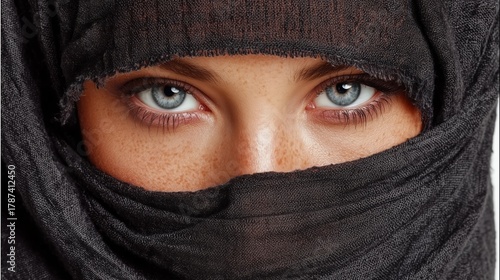 Beautiful Muslim woman in niqab, the woman eyes covered, black clothes on an Eastern woman, Islam, Ramadan holiday, Eastern people, people from the Caucasus. High quality