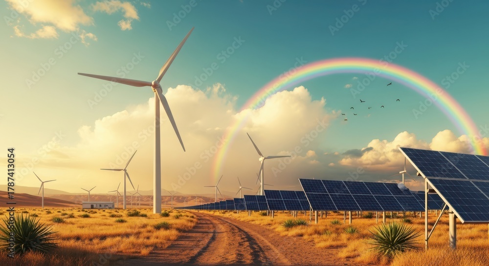 Naklejka premium A vibrant landscape featuring wind turbines and solar panels under a rainbow, symbolizing sustainable energy and environmental harmony, showcasing clean power generation