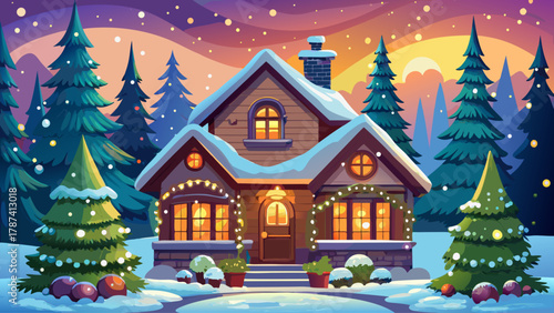 Charming countryside house covered in snow, beautifully decorated with twinkling Christmas lights, wreaths, and garlands, soft glow shining through frosted windows, surrounded by pine trees