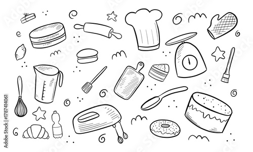 Hand-drawn Doodle Illustration of Baking Supplies and Treats