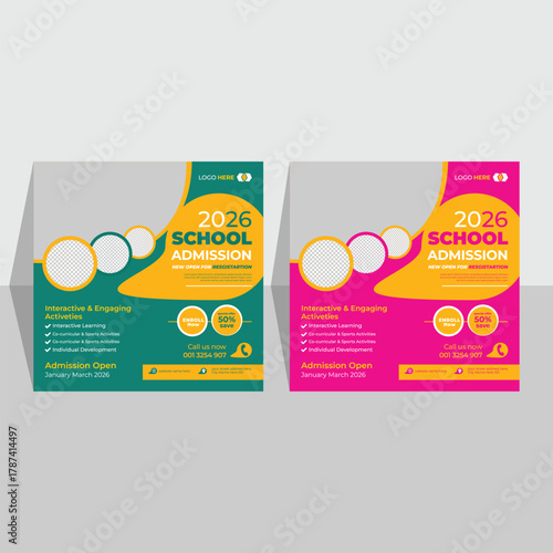 A bundle of 2 templates layout design,School Students Admission social media post,promotional discount banner template design.
