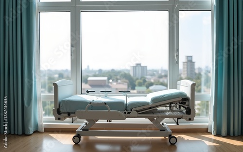 Home healthcare hospital bed with a view. High quality