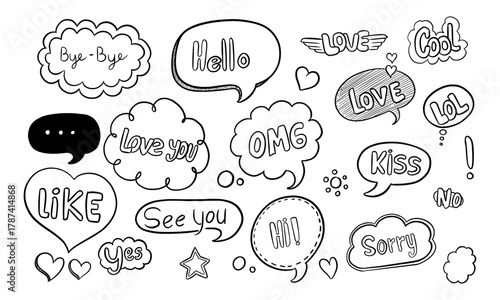 Hand-drawn Speech Bubbles with Various Phrases and Emojis