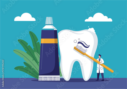 A tiny dentist brushes a giant tooth with toothpaste and a toothbrush, next to a large tube of toothpaste and green leaves.