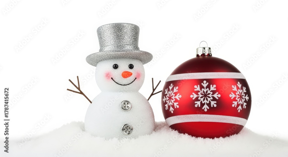 Fototapeta premium Charming Snowman with Red Holiday Bauble in Winter Setting