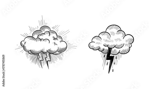 Hand-Drawn Black and White Illustrations of Storm Clouds with Lightning and Rain