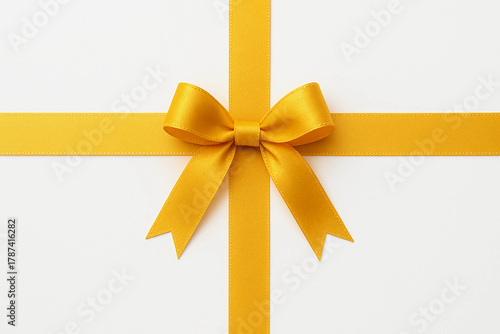 Yellow bow with a yellow ribbon on a white background, gift, 3D, packaging, New Year, Christmas, 2026, birthday, empty space for text, template, photo background, advertising, banner