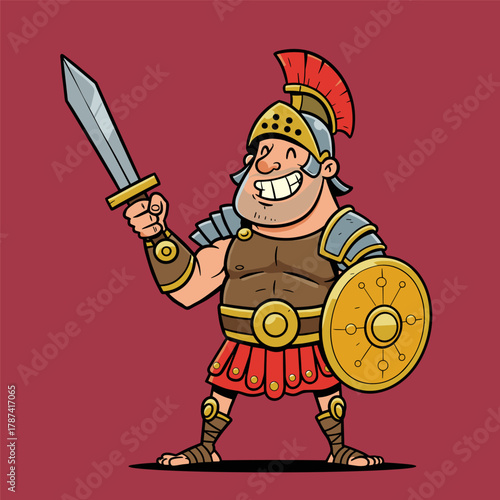 A cheerful, cartoon Roman centurion holding a gladius sword and shield against a maroon background.