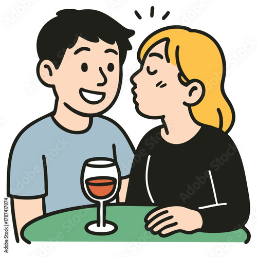 Couple romance date wine happy sitting table cartoon illustration express love and joy